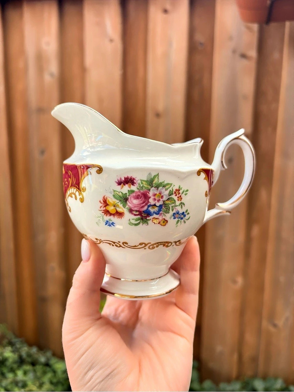 Vintage Royal Albert Canterbury Floral Bone China Creamer in White & Red